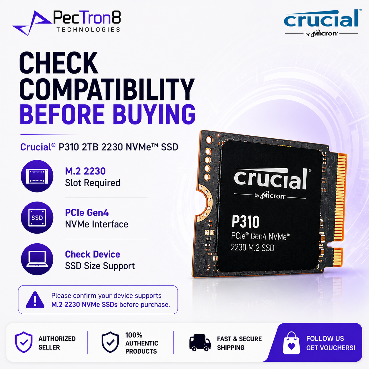 Crucial P310 2TB PCIe Gen4 NVMe M.2 2230 SSD for Compatible Handhelds, Laptops & Mini PCs