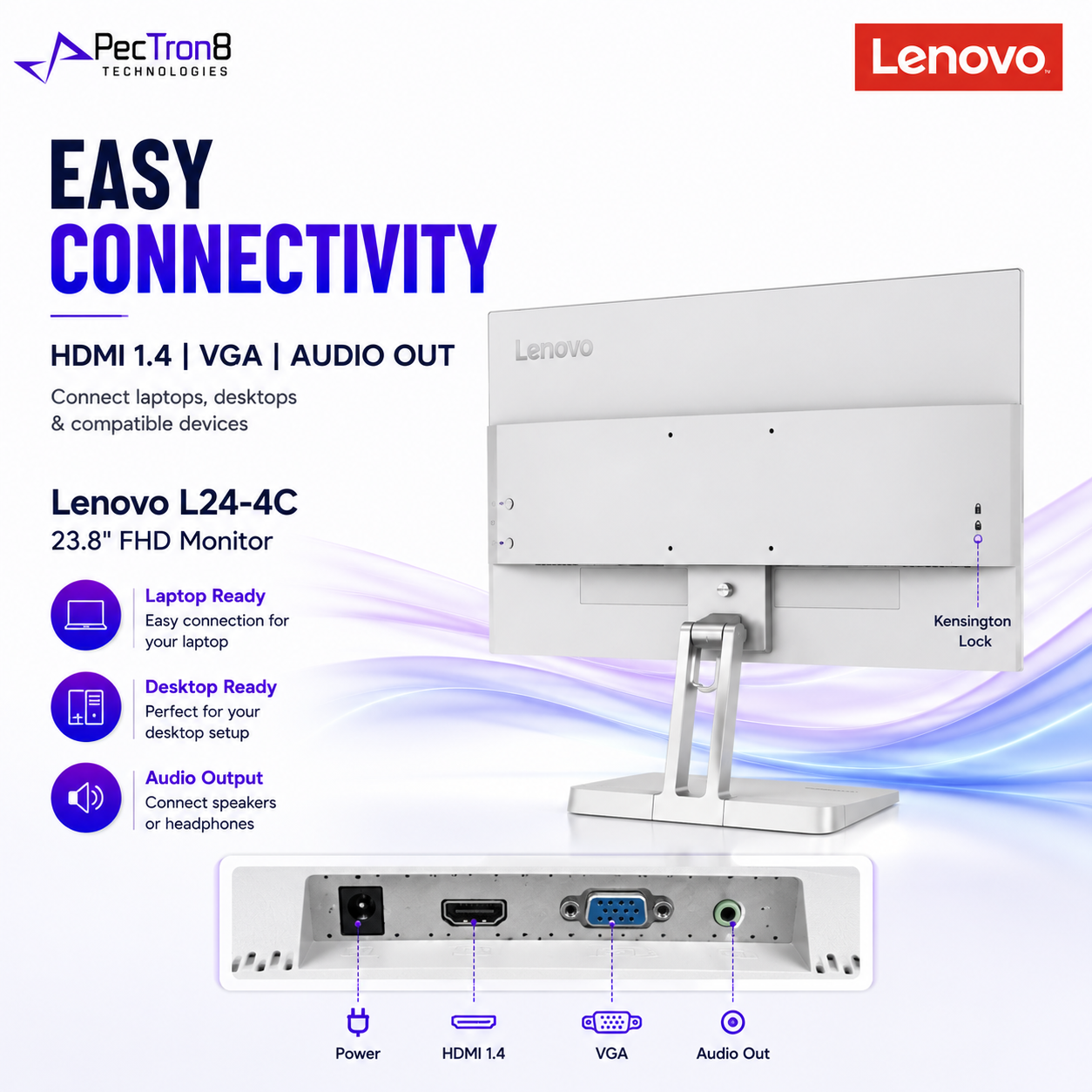 Lenovo L24-4C 23.8 Inch FHD Monitor HDMI VGA Audio Out Tilt Stand