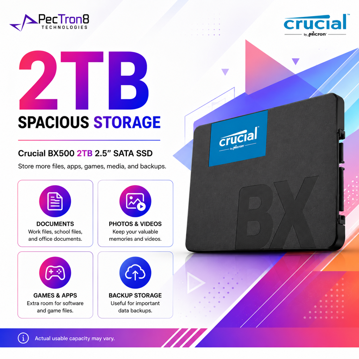 Crucial BX500 2TB 2.5” SATA SSD 3D NAND Internal Solid State Drive for Laptop Desktop