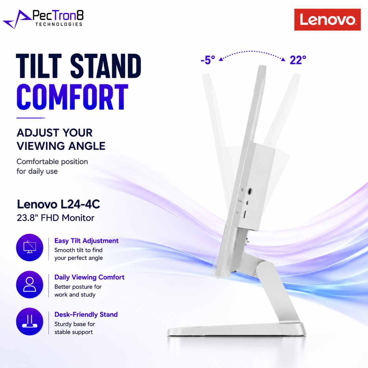 Lenovo L24-4C 23.8 Inch FHD Monitor HDMI VGA Audio Out Tilt Stand