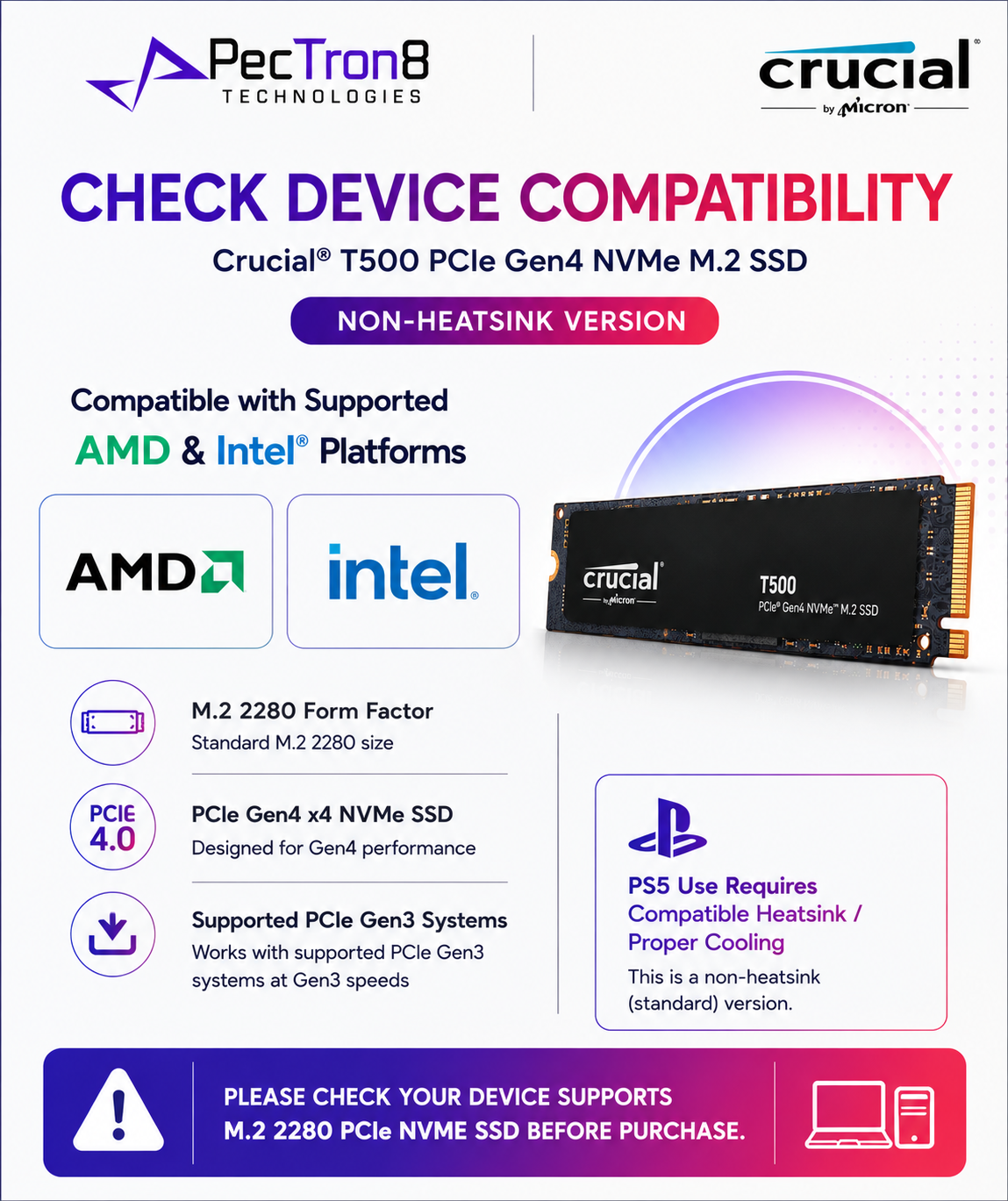 Crucial T500 PCIe Gen4 NVMe M.2 2280 SSD 1TB/2TB/4TB Non-Heatsink Internal SSD | Laptop Desktop Compatible | 5Y Warranty