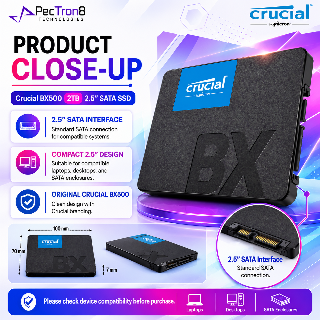 Crucial BX500 2TB 2.5” SATA SSD 3D NAND Internal Solid State Drive for Laptop Desktop