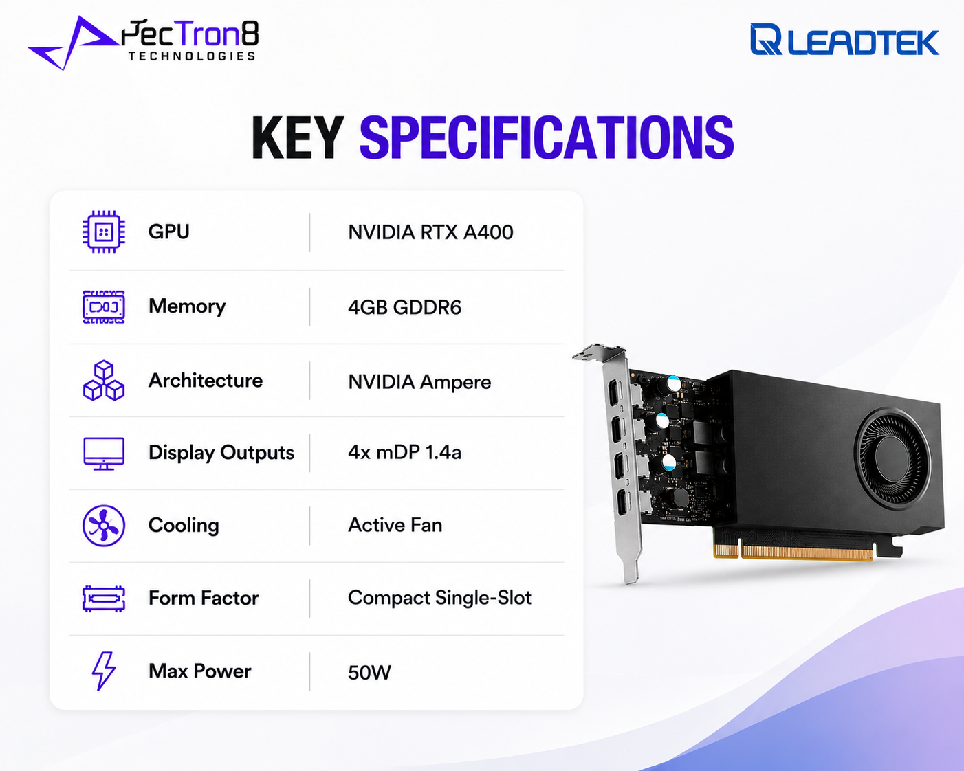 NVIDIA RTX A400 4GB GDDR6 Leadtek Professional GPU 4x mDP 1.4a Single-Slot PCIe 4.0 x8
