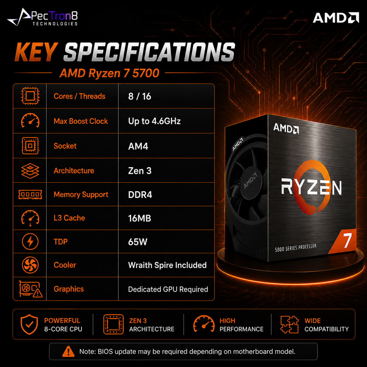 AMD Ryzen 7 5700 Desktop Processor 8 Cores 16 Threads AM4 Up to 4.6GHz with Wraith Spire Cooler