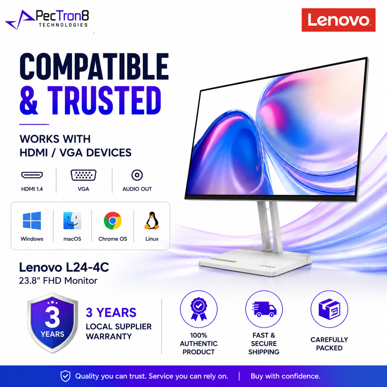 Lenovo L24-4C 23.8 Inch FHD Monitor HDMI VGA Audio Out Tilt Stand