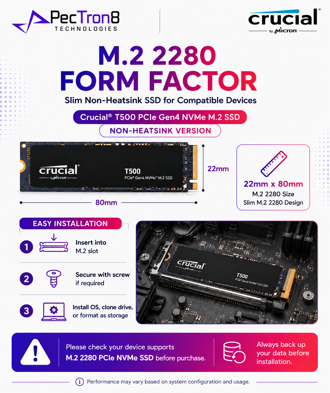 Crucial T500 PCIe Gen4 NVMe M.2 2280 SSD 1TB/2TB/4TB Non-Heatsink Internal SSD | Laptop Desktop Compatible | 5Y Warranty