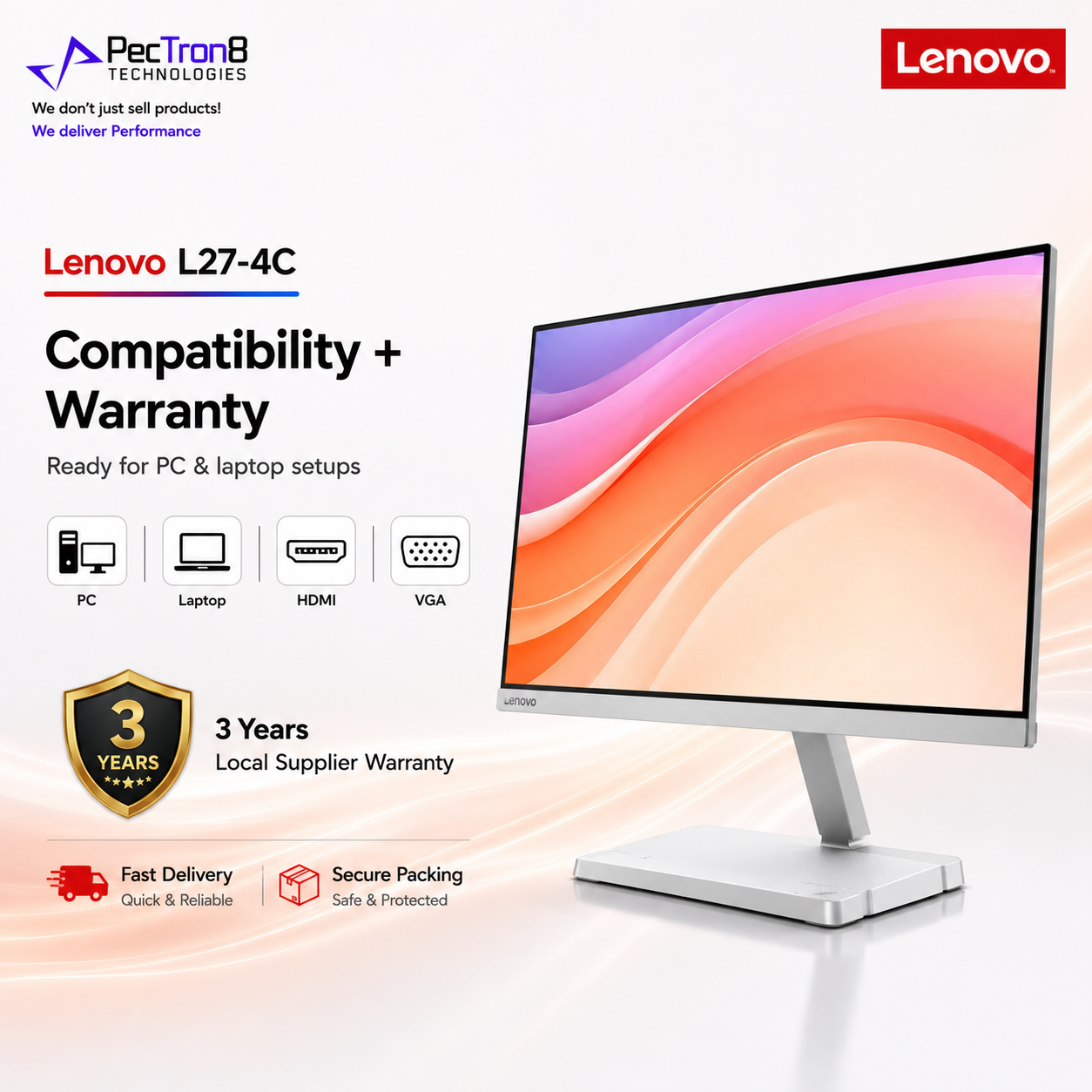 Lenovo L27-4C FHD 27 Inch Monitor for PC Laptop Office Study Home Use with HDMI VGA