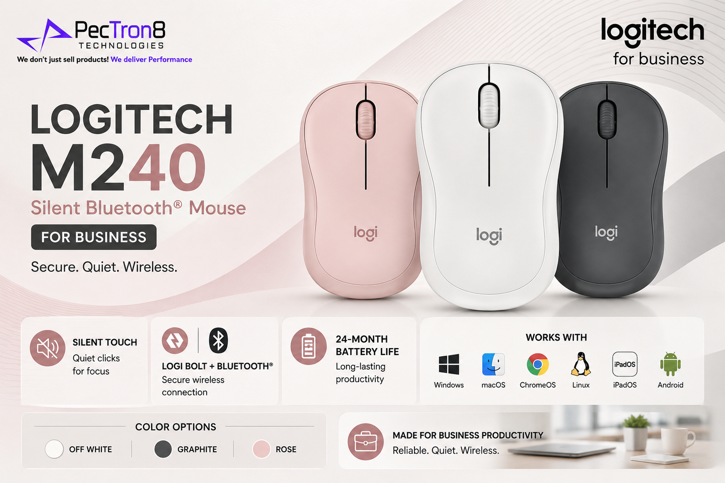 Logitech M240 Silent Wireless Mouse, Off White / Graphite / Rose, Compact Bluetooth Mouse