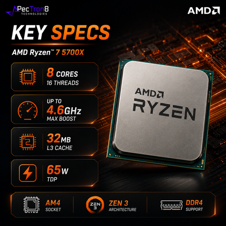 AMD Ryzen 7 5700X AM4 Desktop Processor 8C/16T 4.6GHz Boost 32MB Cache 65W CPU No Cooler Included