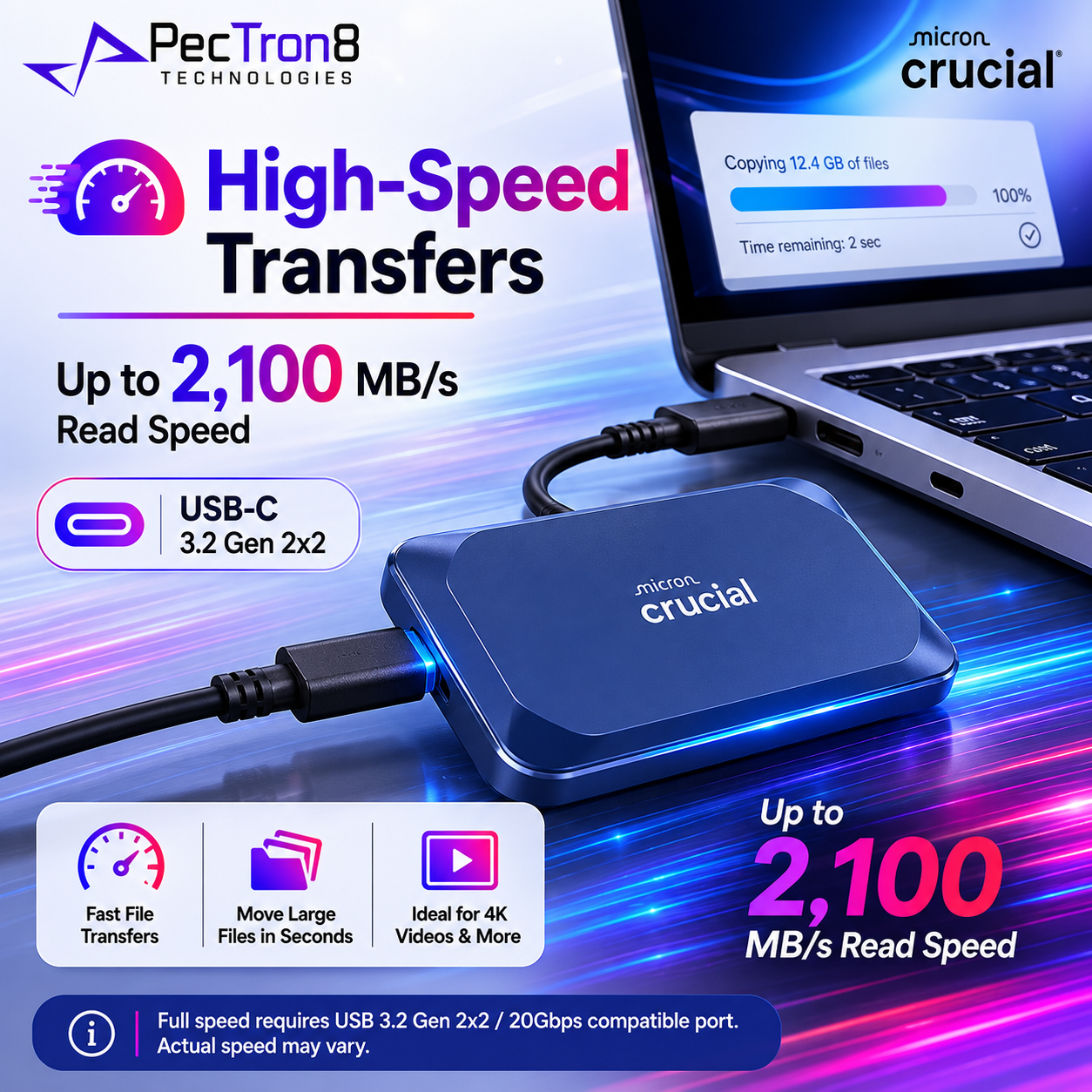 Crucial X10 Portable SSD 2TB 4TB 6TB 8TB USB-C External Solid State Drive Up to 2100MB/s