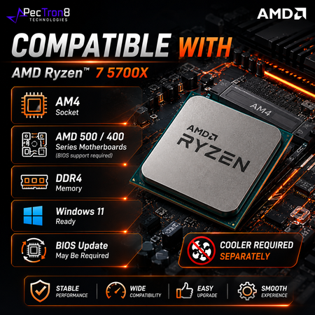 AMD Ryzen 7 5700X AM4 Desktop Processor 8C/16T 4.6GHz Boost 32MB Cache 65W CPU No Cooler Included