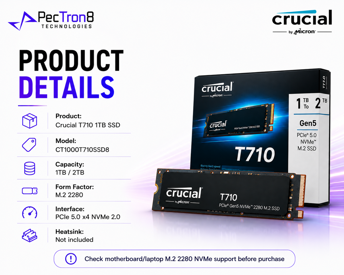 Crucial T710 1TB/2TB PCIe 5.0 N VMe M.2 2280 SSD Internal Solid State Drive
