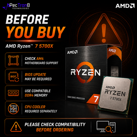 AMD Ryzen 7 5700X AM4 Desktop Processor 8C/16T 4.6GHz Boost 32MB Cache 65W CPU No Cooler Included