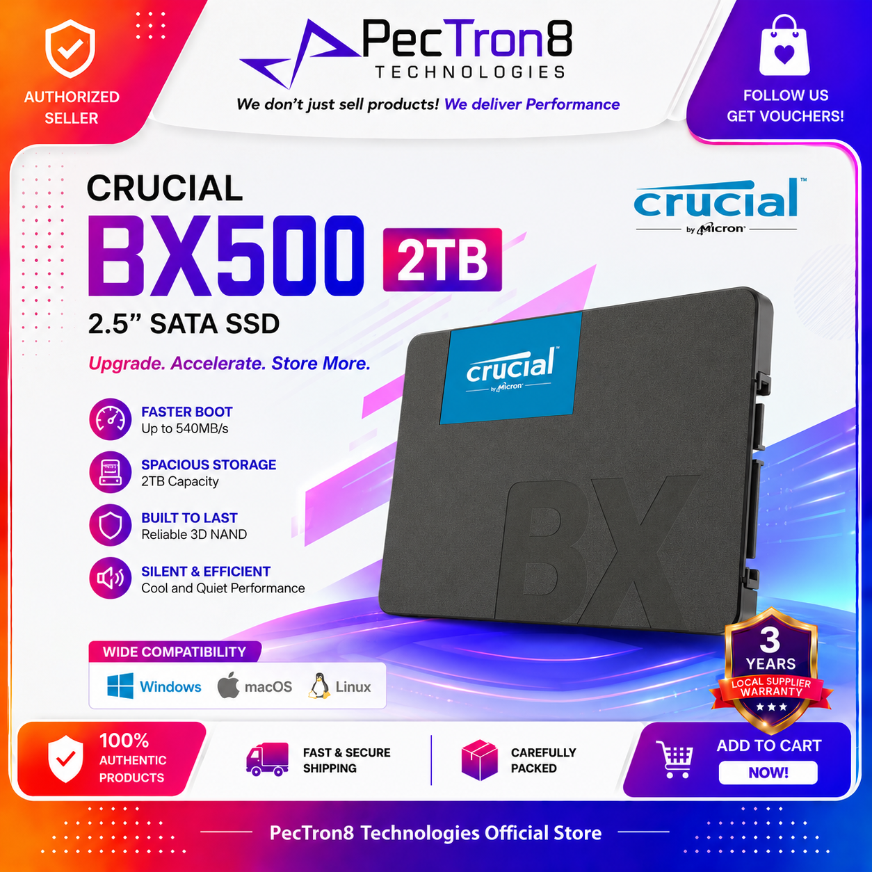 Crucial BX500 2TB 2.5” SATA SSD 3D NAND Internal Solid State Drive for Laptop Desktop