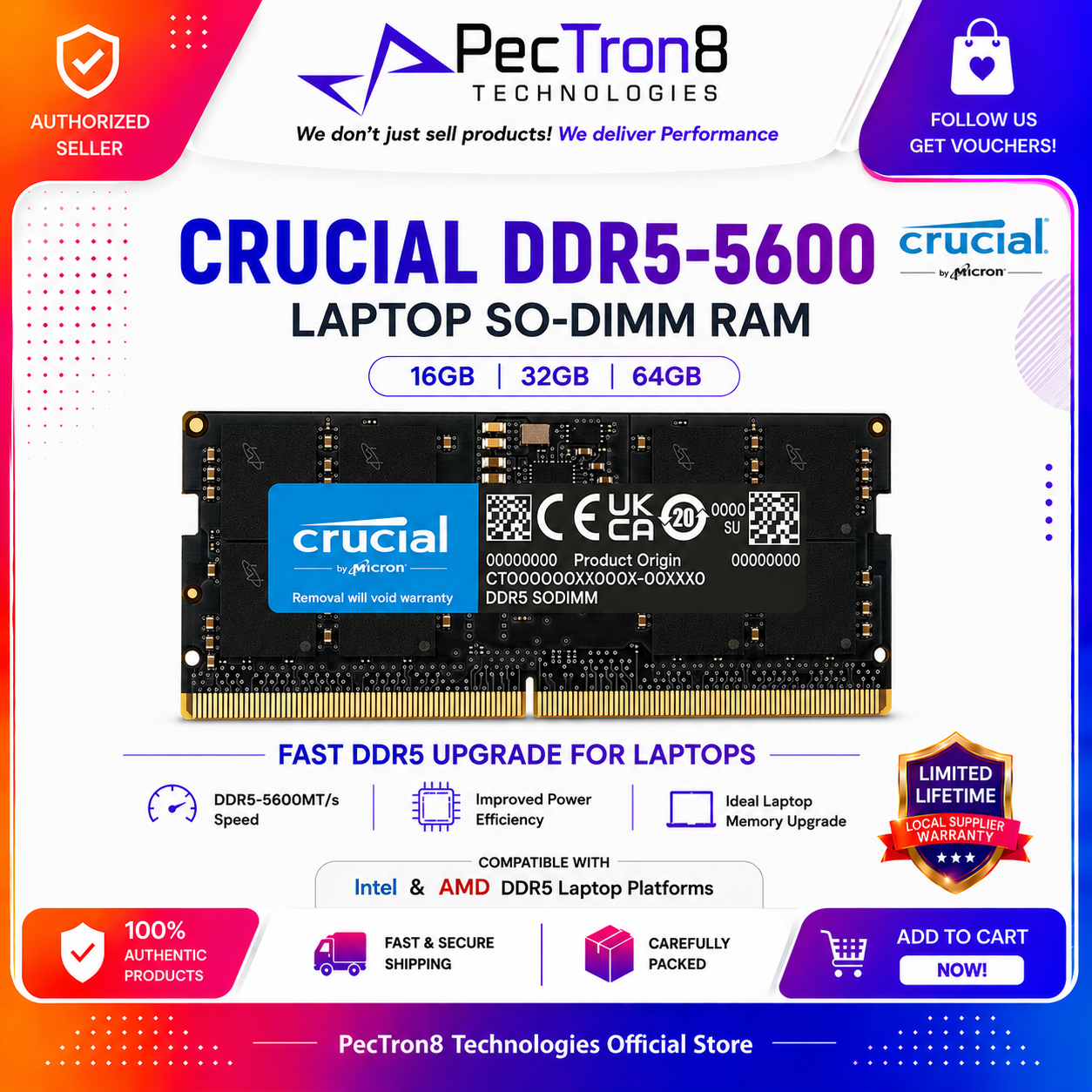 Crucial DDR5 5600MT/s Laptop RAM SODIMM 16GB 32GB 64GB Memory Upgrade