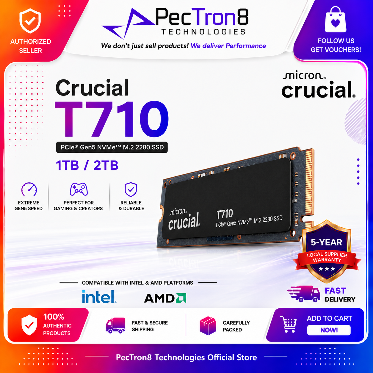 Crucial T710 1TB/2TB PCIe 5.0 N VMe M.2 2280 SSD Internal Solid State Drive