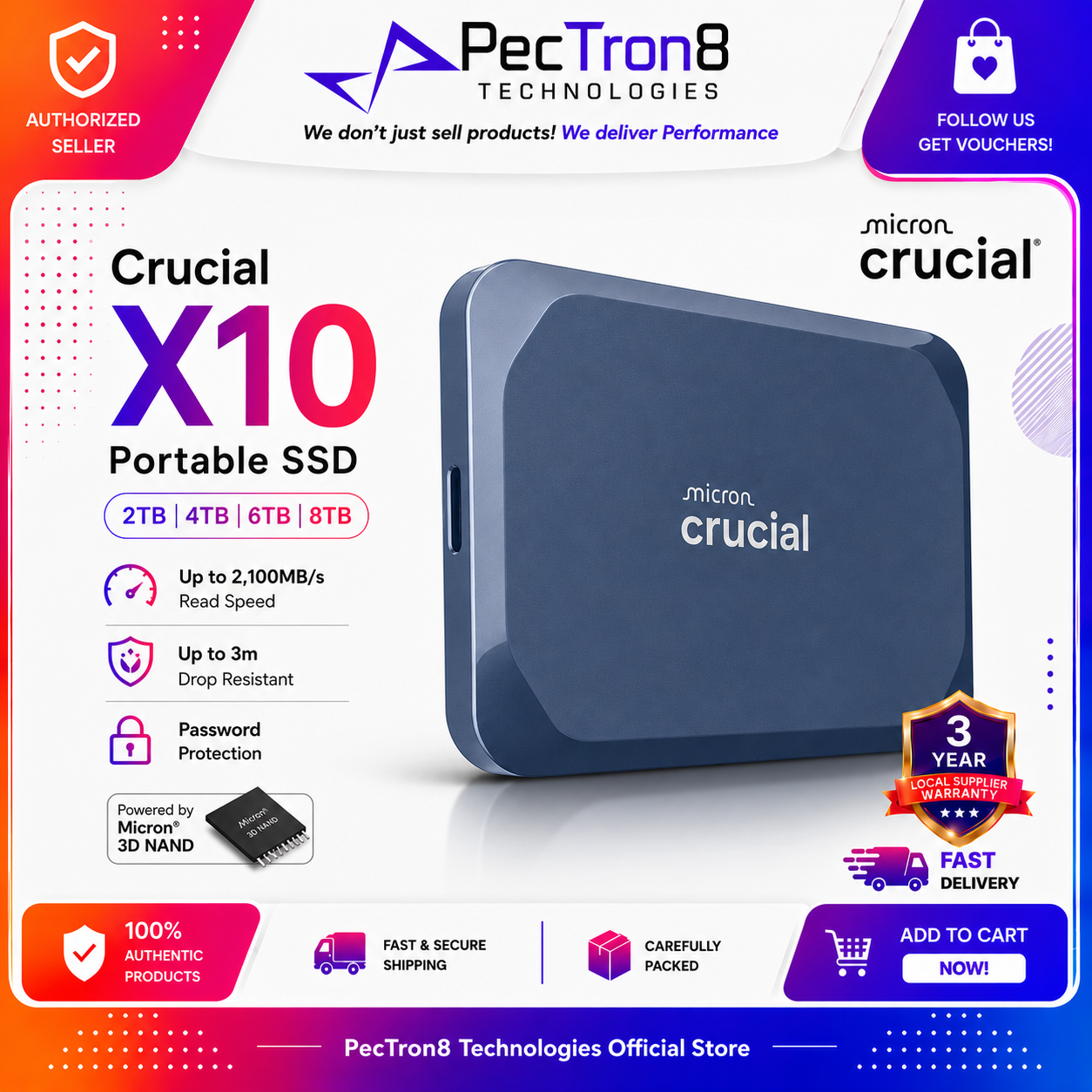 Crucial X10 Portable SSD 2TB 4TB 6TB 8TB USB-C External Solid State Drive Up to 2100MB/s