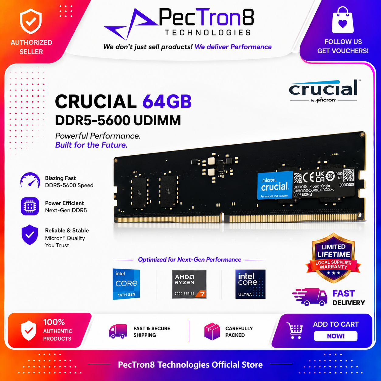 Crucial 64GB DDR5-5600 UDIMM Desktop RAM 288-Pin PC5-44800 Non-ECC Memory